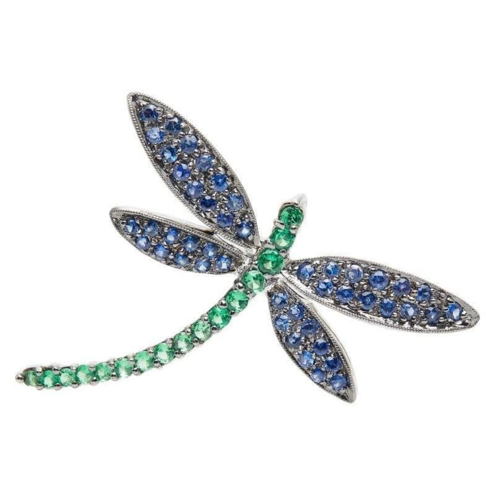 18K White Gold Sapphire Grossular Garnet Dragonfly Motif Pendant Brooch Silver
